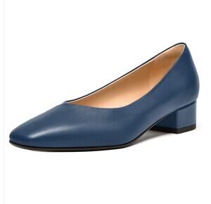 FEMSTEP Womens 6 Blue Leather Fashion Wedding Square Toe Slip On Low Heel Pump